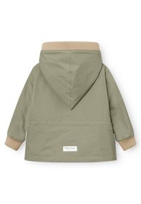 Veste à capuche olive pour enfants avec poignets et col côtelés beiges, vue de dos, montrant une étiquette Mini A Ture à l'ourlet.