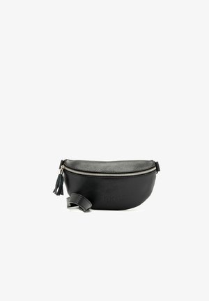 Black leather fanny pack with a rounded shape, silver zipper, and a decorative tassel. Features a strap for secure wear.