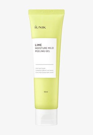 Grüne Tube des IUNIK Lime Moisture Mild Peeling Gels mit AHA-Fruchtkomplex, der Extrakte aus Limette, Trauben, Orange, Apfel und Zitrone enthält, 90 ml.