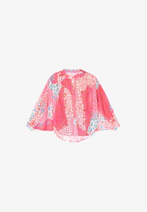 Contrast roze blouse met diverse patronen, waaronder stippen en bloemen, met een ronde hals, knoopsluiting en lange, brede mouwen.