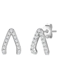 Pendientes de plata en forma de V, adornados con brillantes cristales transparentes a lo largo de los bordes, con un acabado metálico suave.