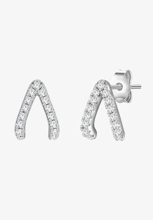 Sølv stiftøreringe i en V-form, prydet med funkende klare krystaller langs kanterne og med en glat metallisk finish.