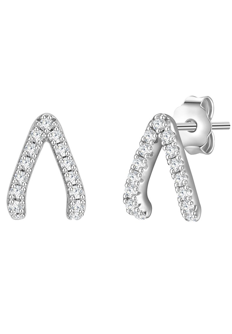 Pendientes de plata en forma de V, adornados con brillantes cristales transparentes a lo largo de los bordes, con un acabado metálico suave.