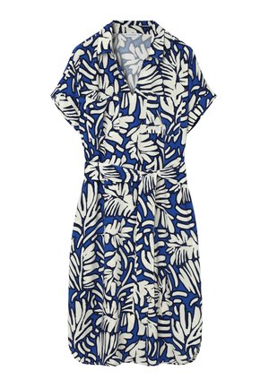 Blå kjole med korte ærmer, bælte, hvidt og sort abstrakt bladmønster og V-formet halsudskæring.