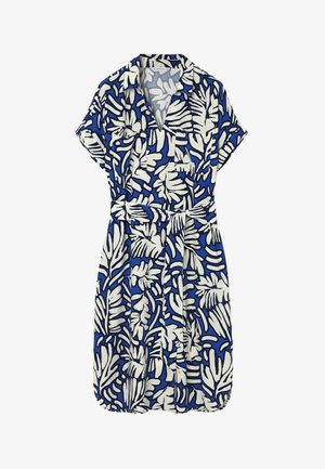 Vestito corto a maniche corte con cintura, motivo astratto di foglie bianche e nere e scollo a V.