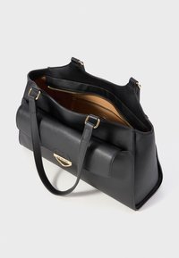 Black structured handbag with a smooth, textured finish, gold hardware, top zipper closure, and interior compartments for organization.