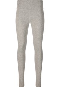Leggings gris clair, taille haute, coupe slim, avec une ceinture sans coutures et une texture de tissu chiné.