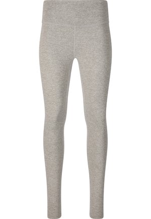 Hellgraue, hoch taillierte, eng anliegende Leggings mit nahtlosem Bund und melierter Stoffstruktur.