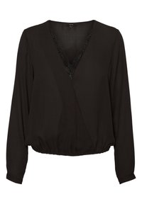 Schwarze Bluse mit langen Ärmeln und V-Ausschnitt, mit Spitzenbesatz innen am Ausschnitt und gerafftem elastischem Saum an der Taille.