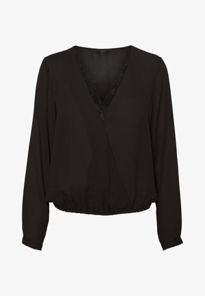 Blusa nera a maniche lunghe con scollo a V, dettaglio in pizzo all'interno del collo e orlo elastico arricciato in vita.