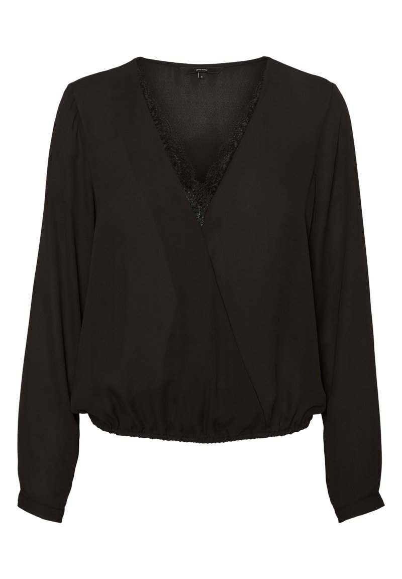 Schwarze Bluse mit langen Ärmeln und V-Ausschnitt, mit Spitzenbesatz innen am Ausschnitt und gerafftem elastischem Saum an der Taille.