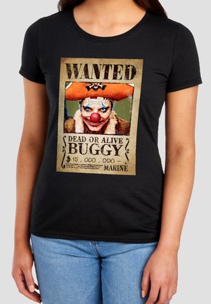 Black t-shirt with a vintage style wanted poster showing a clown with an orange pirate hat and red nose, labeled "Buggy" with a reward.