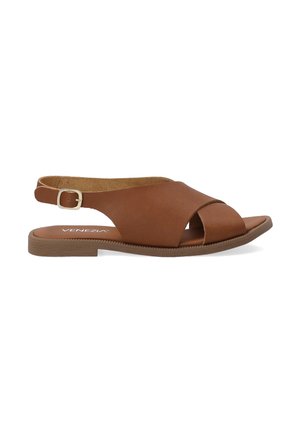 Brown leather slingback sandal with an open toe, cross-strap design, and a flat rubber sole. Adjustable buckle for secure fit.