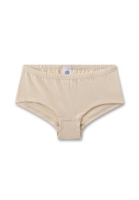 Beige Baumwollslips mit einem elastischen Bund, ausgestattet mit einer glatten Textur und einem schlichten, nahtlosen Design. Keine sichtbaren Muster oder Akzente.