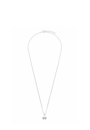 Delicate silver chain necklace with a small butterfly-shaped pendant featuring embedded clear stones.
