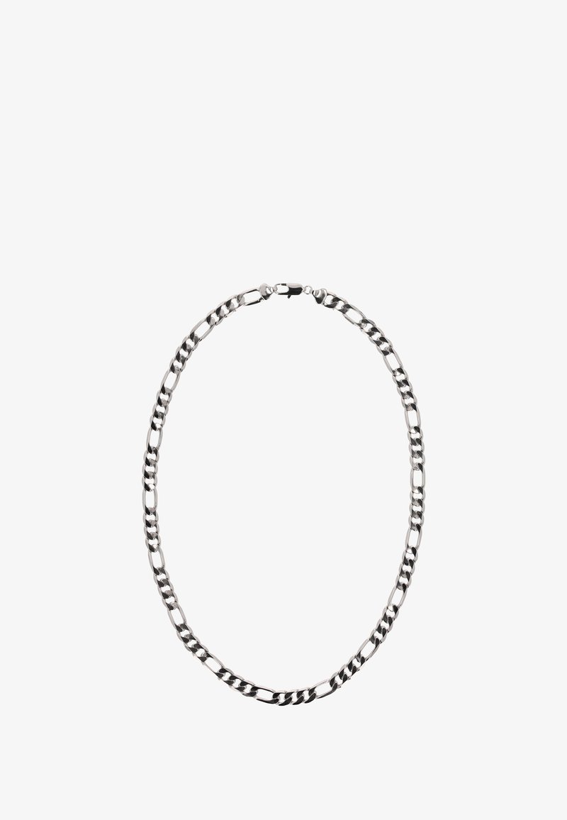 Sølv kædedesign med vekslende flade og runde led. Glat, poleret overflade med en sikker lås. Reflekterende overflade fremhæver designet.