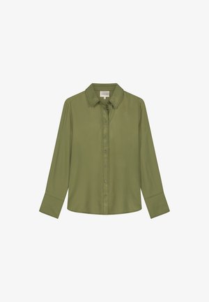 Olijfgroen, overhemd met lange mouwen en een knoopsluiting aan de voorkant, kraag en rechte zoom. Gladde stof met subtiele stikdetails op de mouwen.