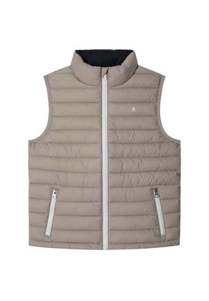 Beige gepolsterte Weste mit hohem Kragen, durchgehendem Reißverschluss und zwei Seitentaschen. Verfügt über eine gesteppte Textur und einen kontrastierenden schwarzen Futter.