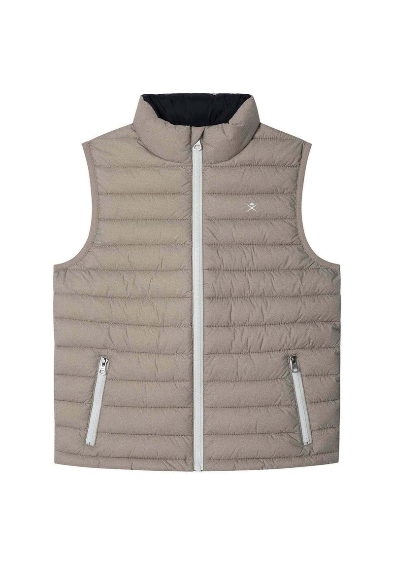 Gilet imbottito beige con colletto alto, zip frontale completa e due tasche laterali. Presenta una texture trapuntata e un rivestimento nero a contrasto.
