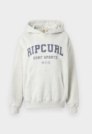 Grå hættetrøje med "RIPCURL SURF SPORTS" trykt i mørkeblå, kængurulomme samt ribstrikkede manchetter og kant. Blødt bomuldsblandingsmateriale.