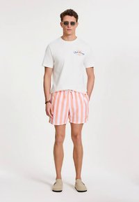 Valge puuvillane T-särk sinise logoga, oranži ja valge triibulised ujumispüksid ning beežid libiseva disainiga kingad. Tarvikutena tumedad päikeseprillid.