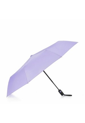 Purple umbrella with a black metal frame, straight handle, and a unique angled design. The canopy is smooth and features no patterns or accents.
