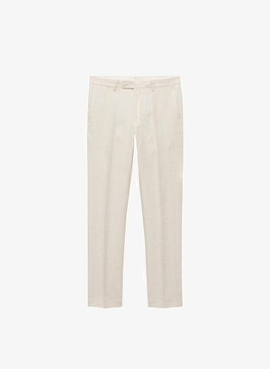 Pantaloni od lanene mješavine žute boje s krojem prilagođenim figuri, s ravnim prednjim dijelom, petljama za remen i dva bočna džepa, glatke teksture i bez vidljivih uzoraka.