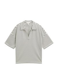 Camicia a righe con colletto in bianco e blu navy. Maniche corte, design a V, realizzata in tessuto morbido con righe orizzontali e vestibilità rilassata.