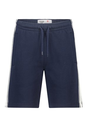 Donkerblauwe casual korte broek met elastische tailleband, treksnoer, zijzakken en witte verticale strepen langs de buitennaden.