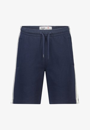 Donkerblauwe casual korte broek met elastische tailleband, treksnoer, zijzakken en witte verticale strepen langs de buitennaden.