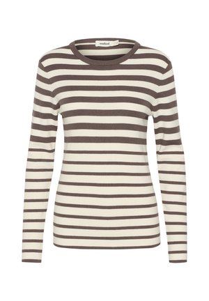 Top de punto de manga larga con rayas horizontales en crema y marrón, escote redondo, diseño ajustado, hecho de una tela suave y texturizada.