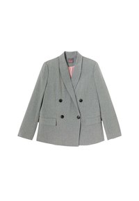 Blazer gris croisé avec un motif à rayures, deux poches avant, revers crantés et boutons noirs. La doublure intérieure est rose.