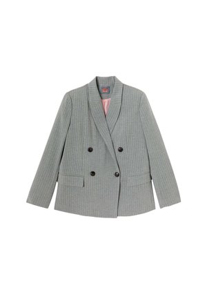 Blazer gris croisé avec un motif à rayures, deux poches avant, revers crantés et boutons noirs. La doublure intérieure est rose.