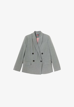 Blazer gris croisé avec un motif à rayures, deux poches avant, revers crantés et boutons noirs. La doublure intérieure est rose.