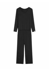 Black ribbed two-piece set featuring a V-neck long-sleeve top and wide-leg pants. Made from soft fabric with a relaxed fit.
