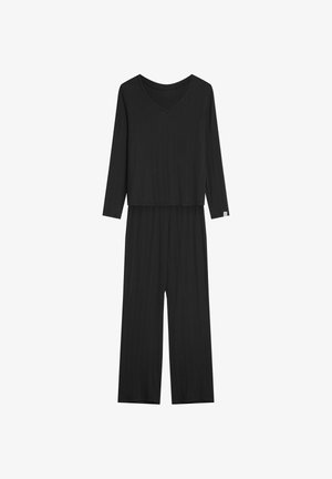 Czarny prążkowany dwuczęściowy zestaw składający się z góry z długim rękawem i dekoltem w kształcie litery V oraz spodni z szerokimi nogawkami. Wykonany z miękkiego materiału, w luźnym kroju.