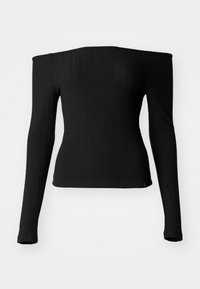 Black ribbed long-sleeve top with an off-the-shoulder design. Features a fitted silhouette and a soft texture. No visible hardware or accents.