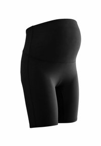 Shorts de maternité noirs avec une taille haute. Fabriqués en tissu lisse et extensible. Présentent une construction sans coutures pour plus de confort.