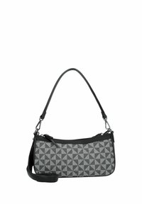 Borsa a mano con motivo geometrico in nero e grigio, dalla forma curva, con dettagli in pelle liscia e tracolla removibile. Chiusura a zip nella parte superiore.