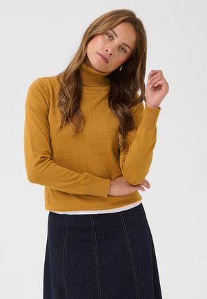 Femme aux longs cheveux bruns portant un pull col roulé moutarde et une jupe bleu foncé, debout devant un fond uni.