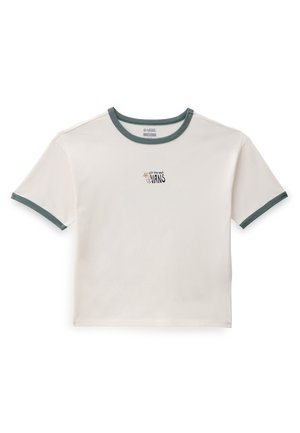Witte T-shirt met korte mouwen en groene kraag en mouwen. Voorzien van een klein, kleurrijk "VANS"-logo aan de voorkant. Klassieke pasvorm en gemaakt van katoen.