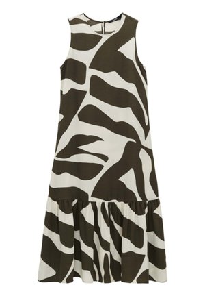 Sleeveless dress featuring a tiered hem, made of fabric with a white base and bold dark green abstract patterns.