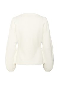Pulover alb cu manșete lungi și voluminoase, decolteu rotund și un finisaj texturat. Designul prezintă o croială lejeră și un tiv scurt.
