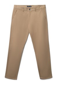 Beige leichte Hose mit glatter Textur, geraden Beinen, Vordertaschen und einem Knopfverschluss. Mit einem dezenten Markenlabel oberhalb des Bundes.