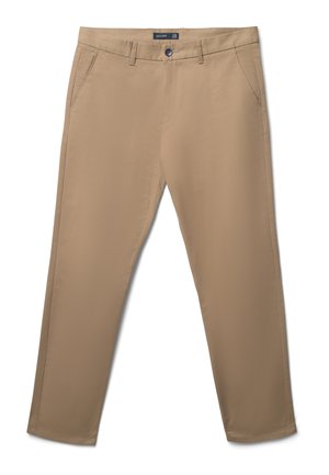 Beige leichte Hose mit glatter Textur, geraden Beinen, Vordertaschen und einem Knopfverschluss. Mit einem dezenten Markenlabel oberhalb des Bundes.