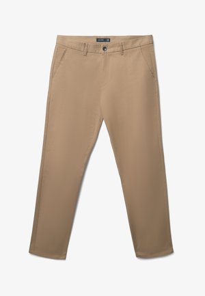 Beige leichte Hose mit glatter Textur, geraden Beinen, Vordertaschen und einem Knopfverschluss. Mit einem dezenten Markenlabel oberhalb des Bundes.