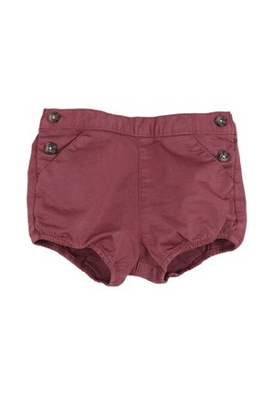 Shorts bordeaux pour tout-petits avec ouvertures élastiques aux jambes et quatre boutons foncés, deux de chaque côté près de la taille.
