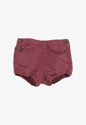 Shorts bordeaux pour tout-petits avec ouvertures élastiques aux jambes et quatre boutons foncés, deux de chaque côté près de la taille.