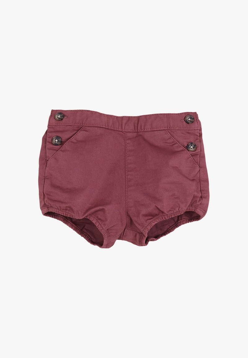 Shorts bordeaux pour tout-petits avec ouvertures élastiques aux jambes et quatre boutons foncés, deux de chaque côté près de la taille.