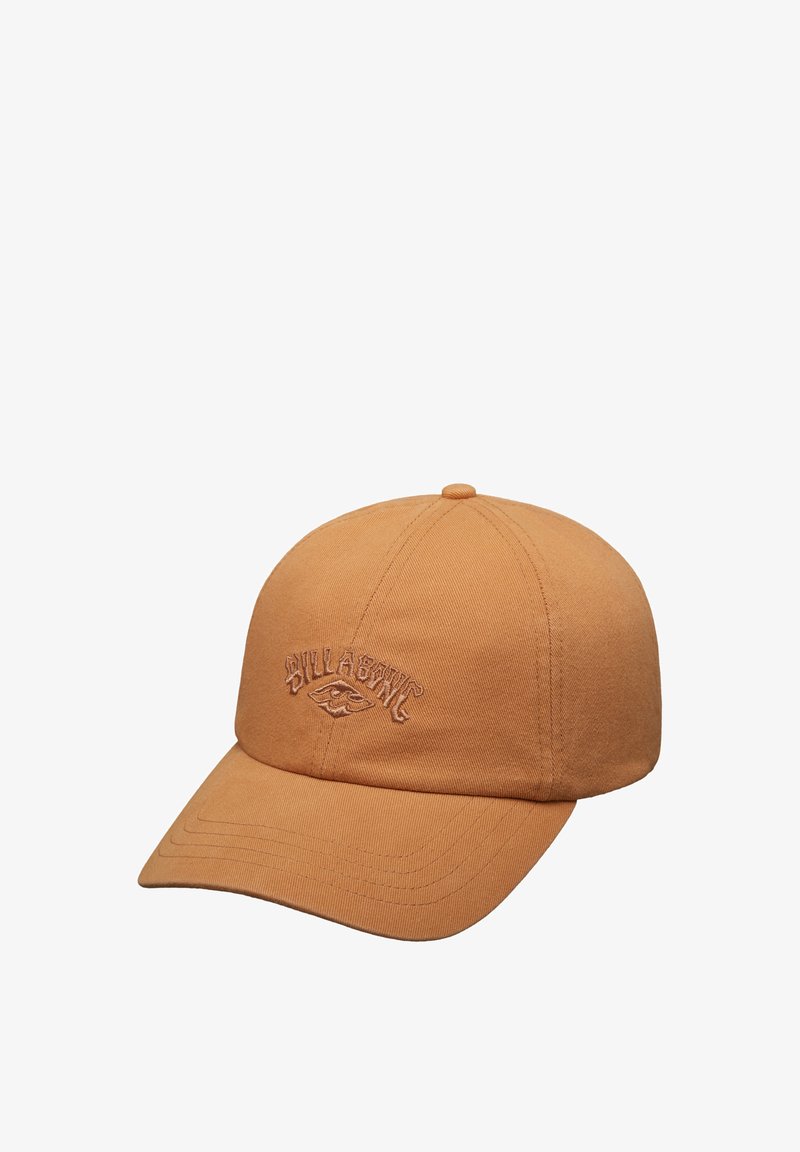 Orange cotton cap with a curved brim, featuring embroidered branding on the front and structured crown panels. Smooth texture.